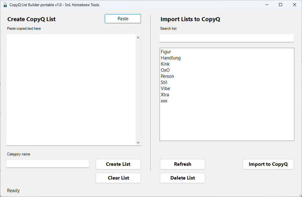 Oberfläche von CopyQ List Builder Portable